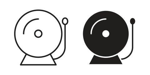 School bell icons. Solid black silhouette and line art outline. Minimal design element,