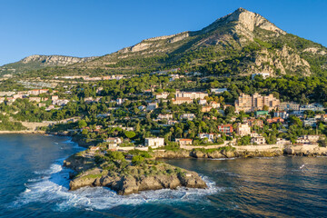 Aerial view of the French Riviera coastline between Nice and Monaco, France