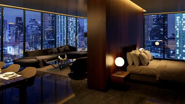Ultra-luxurious, dark, and modern penthouse in a high-rise penthouse, featuring a stunning panoramic city skyline view at night 3d animation render.