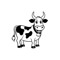 A black and white cartoon illustration of a happy cow with spots and a bell around its neck, standing on a white background.