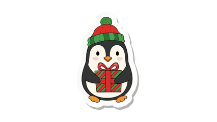 Cute cartoon vector illustration of a festive penguin wearing a red and green winter hat and holding a holiday gift, isolated on a white background.