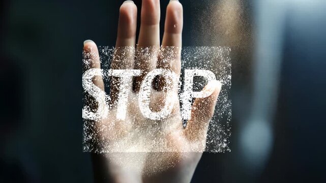 This powerful illustrates the need to stop violence. An open hand forms a barrier with the word 'STOP', highlighting women's vulnerability. Addressing prevent domestic assault, and outrage