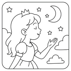 Princess Under Moon and Stars Coloring Page – Fairy Tale Night Line Art for Kids