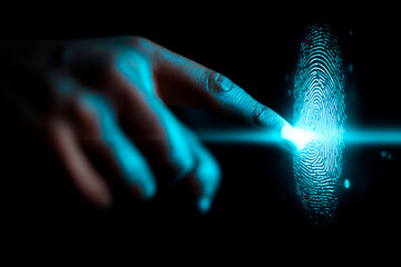 Person using fingerprint scanner technology on dark background with hand gesture highlighting security and authentication concept in digital world