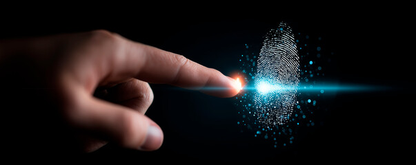 Person using fingerprint scanner technology on dark background with hand gesture highlighting security and authentication concept in digital world