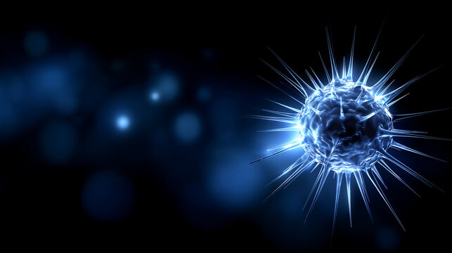 Ultra-detailed macro view of a glowing virus particle floating in dark space, realistic 3D biological structure, spiked viral cell, dramatic cinematic lighting, shallow depth of fi - Powered by Adobe