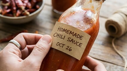 Homemade Chili Sauce Bottle with Label and Wooden Table Background.