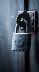 A padlock on a garage door during a cold winter. A locked iron door with a frozen padlock.