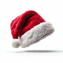 Luxurious, photorealistic 3D Santa Claus Hat with rich red texture and white fluffy fur trim, floating isolated on a clean white background for holiday design elements.
