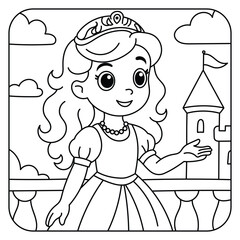 Princess on Castle Balcony Coloring Page – Cute Fairy Tale Line Art for Kids