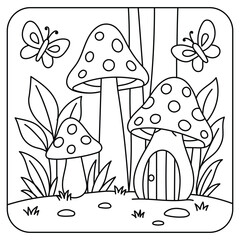 Cute Mushroom Houses Coloring Page – Fairy Forest Line Art for Kid