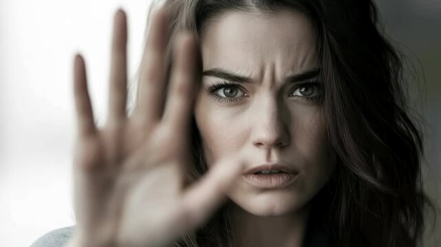 A sad, worried brunette raises her hand in a stop gesture. This demonstrates outrage and women's vulnerability. The purpose of this is to prevent domestic violence and assault