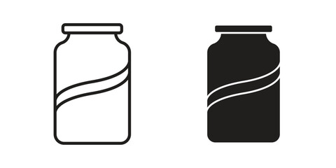 Soda can icons. Solid black silhouette and line art outline. Minimal design element,