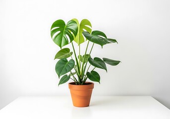 Fototapeta premium A green monstera plant in a terracotta pot set against a clean white background