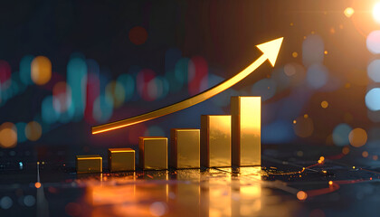 Financial success illustration with ascending bars and glowing arrow, ideal for business strategy, revenue growth, and prosperity themes.