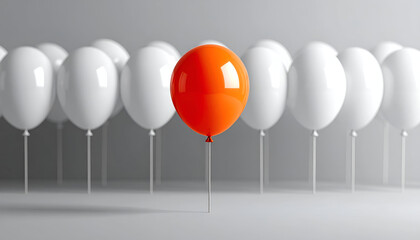 Naklejka premium Orange balloon standing out among white balloons, symbolizing uniqueness, leadership, creativity, and bold individuality.