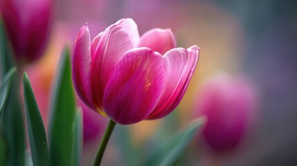 Fototapeta premium A pink tulip stands alone in a lush garden during spring. Its petals are bright with color as other tulips bloom in the background. Sunlight highlights the flower's details.