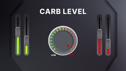 Carb level gauge animation for diet balance, metabolism and nutrition tracking visuals