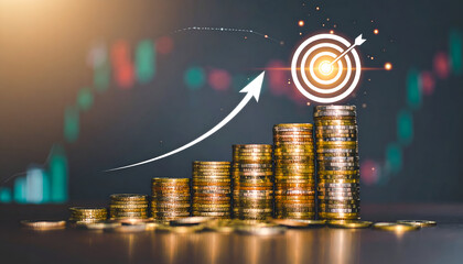 Business growth concept with rising bar chart, target icon, and upward arrow, symbolizing financial success, strategy, investment growth, and data-driven performance.