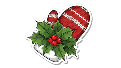 Festive knitted red mitten with white chevron patterns and green holly leaves adorned with bright red berries, isolated on white background vector