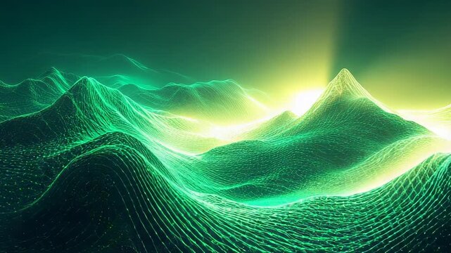 Digital network landscape with glowing data mountains