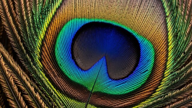 Extreme close up macro photograph reveals the vibrant iridescent colors and intricate barbules of a stunning peacock tail feather eye spot