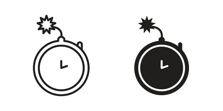 Time bomb icons. Solid black silhouette and line art outline. Minimal design element,