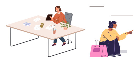 Woman with tablet at office desk surrounded by papers, plant, and lamp. Seated shopper with bags, pointing and gesturing. Ideal for business, work-life balance, shopping, multitasking productivity