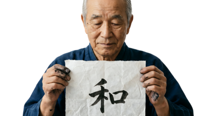 熟練書家が和紙を手にしたクローズアップの静かな表情を捉えたスタジオポートレート|背景なし・透過PNG・コピースペース
