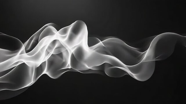Abstract wavy white smoke fluid flowing on black background
