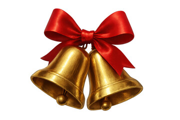 Pair of gleaming golden jingle bells adorned with a vibrant red satin bow, symbolizing holiday cheer and festive celebration