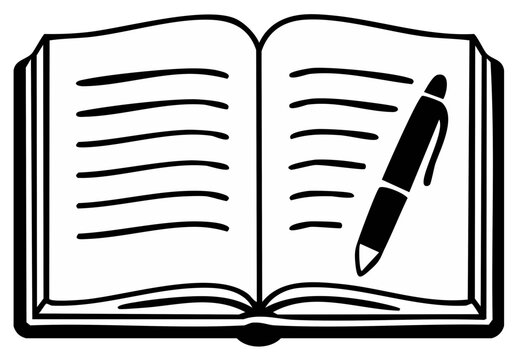 Open book with lines of text and a pen for writing or note taking