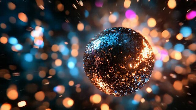 Sparkling disco ball reflecting vibrant bokeh lights