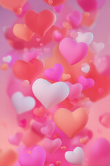 Valentine's Day Hearts in various sizes and colors filling the frame with a soft bokeh effect and warm romantic light creating a festive backdrop