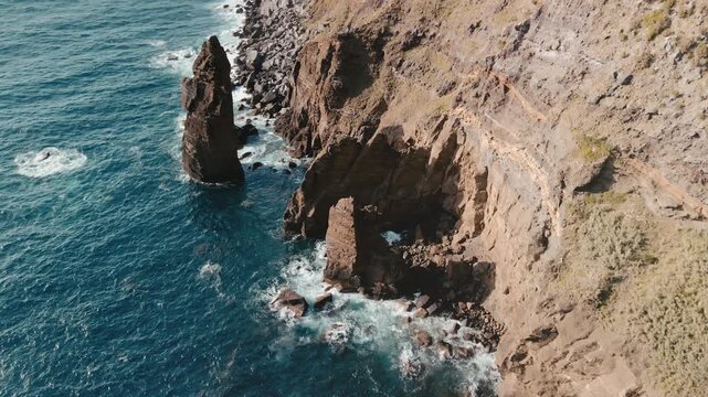 Aerial Cliffs SeaStack Turquoise Ocean Cinematic Drone k Panorama Over Azores Islands.