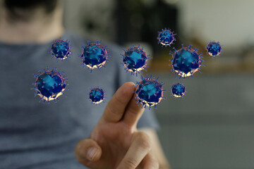 An image with artistic representation of virus molecules near finger, symbolizing interaction and concepts of