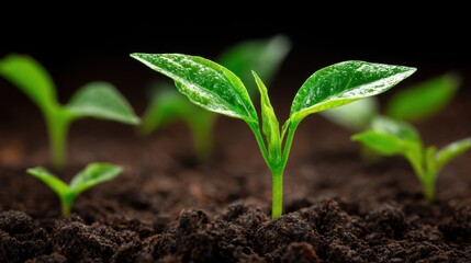 Fototapeta premium Small green plants emerge from rich dark soil showcasing new growth with bright leaves. The scene captures the essence of nature in a garden setting during the day.