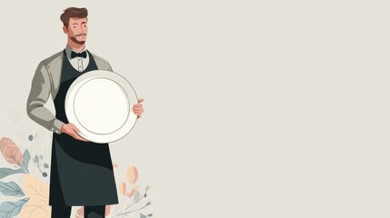 Waiter stands holding a large plate in a restaurant setting with simple decor and a plain background