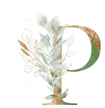 Letter P alphabet initial letter watercolor greenery foliage with line art delicate animation romantic illustrated alpha mask animation golden