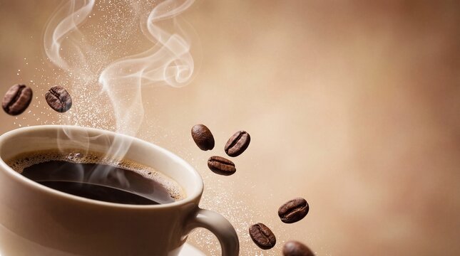 Steaming hot coffee cup with floating roasted beans and sparkling particles