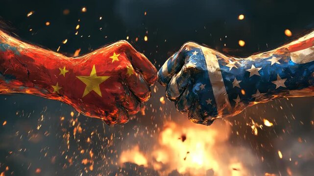 Political emblem rivalry: US , China flag, national insignia, symbolic cloth, diplomatic challenge, economic divergence, strategic opposition, international stance, hegemonic impact, world scene