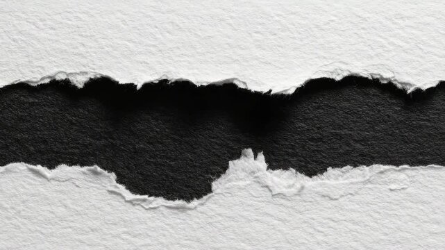 Close-up of torn white paper with rough edges revealing black textured background, symbolizing separation or hidden content