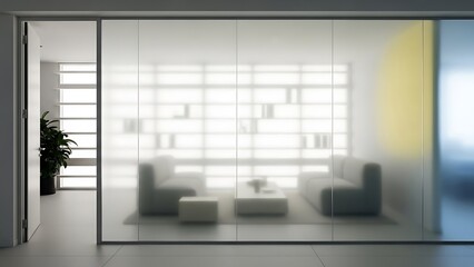 Modern office interior design featuring frosted glass partitions separating a bright waiting area with minimalist furniture and natural light