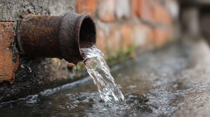 Water flows from a rusty pipe into a puddle on a wet surface near a brick wall in a quiet outdoor setting during the daytime