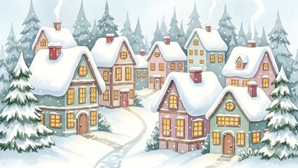 Cute Christmas Village Illustration