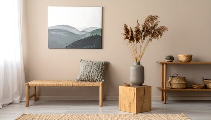 Minimalist interior with bench and vase.