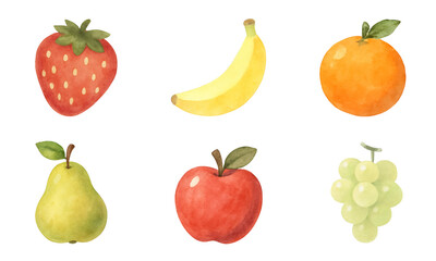 Vibrant Watercolor Fruit Set Illustration – Strawberry, Banana, Orange, Pear, Apple, Grapes