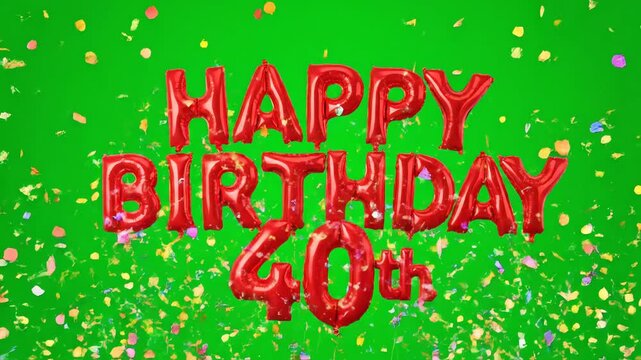 Happy 40th Birthday Red Foil Balloons Green Screen Confetti