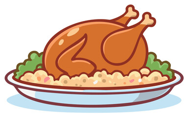 Cartoon Style Roast Chicken with Stuffing and Vegetables on a Platter Food Illustration