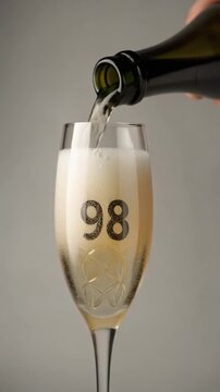 Glass engraved with the number 98. Champagne bottle fills the glass with alcohol. Celebrating milestone, anniversary or birthday